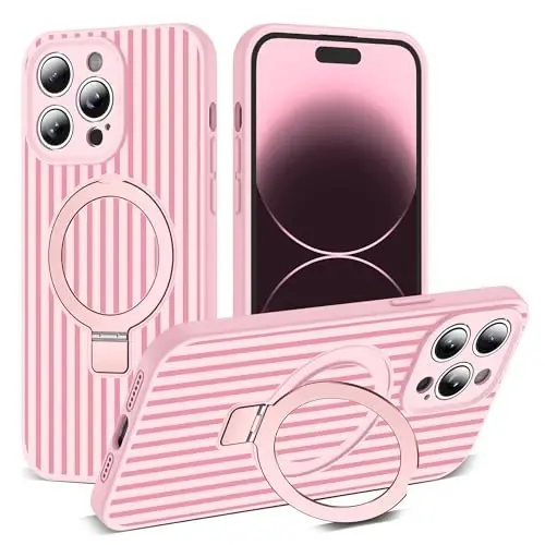 SKYLMW iPhone 14 Pro Max G‘ilofiga mos keladi, magnitli ko‘rinmas stendga ega [Mag-Safe bilan mos keladi][Yoqimli estetik chiziqli naqsh] Ayollar va erkaklar uchun silikon 14 Pro Max g‘ilofi 6.7 dyuymli, Pushti/Olcha qizil 