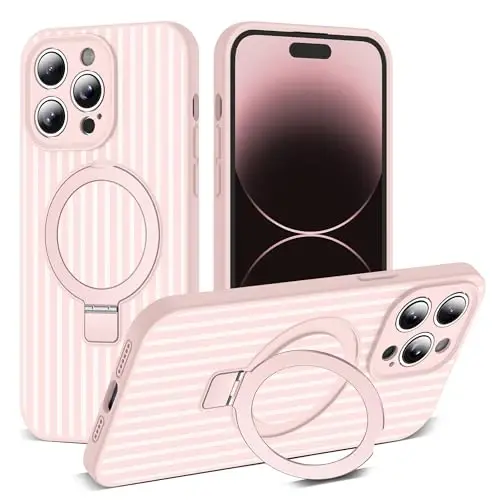 SKYLMW Compatible with iPhone 14 Pro Max Case with Magnetic Invisible Stand [Compatible with Mag-Safe][Cute Aesthetic Striped Pattern] Silicone 14 Pro Max Phone Case for Women Men 6.7