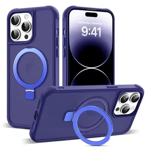 SKYLMW iPhone 14 Pro Max uchun g'ilof, ko'rinmas magnit O-Ring stend bilan, harbiy darajadagi yarim shaffof g'ilof iPhone 14 ProMax 6.7