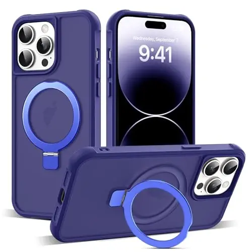 SKYLMW iPhone 14 Pro Max uchun g'ilof, ko'rinmas magnit O-Ring stend bilan, harbiy darajadagi yarim shaffof g'ilof iPhone 14 ProMax 6.7