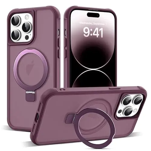 SKYLMW iPhone 14 Pro Max uchun g'ilof, ko'rinmas magnit O-Ring stendli, harbiy darajadagi yarim shaffof g'ilof iPhone 14 ProMax 6.7