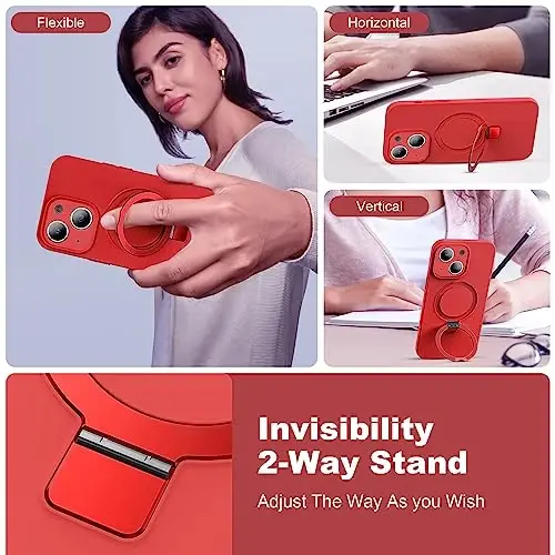 SKYLMW iPhone 14 uchun g'ilof, magnitli ko'rinmas tirgak bilan MagSafe bilan mos keladi, harbiycha tushish sinovidan o'tgan zarbga chidamli silikon iPhone 14 ayollar va erkaklar uchun telefon g'iloflari 6.1'' 2022, Qizil - 2