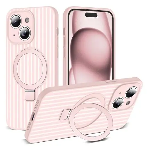 SKYLMW Compatible with iPhone 15 Case with Magnetic Invisible Stand [Compatible with Mag-Safe][Cute Aesthetic Striped Pattern] Silicone 15 Phone Case for Women Men 6.1