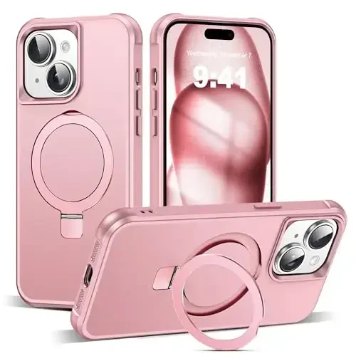 SKYLMW Compatible with iPhone 15 Case with Invisible Magnetic O-Ring Stand Military-Grade Case for iPhone 15 6.1