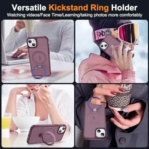 SKYLMW Compatible with iPhone 15 Case with Invisible Magnetic O-Ring Stand Military-Grade Translucent Case for iPhone 15 6.1