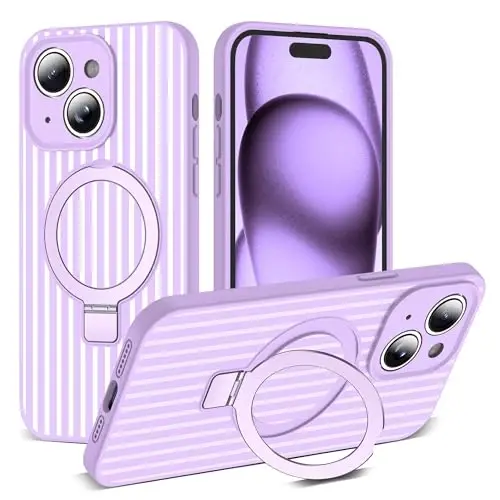 SKYLMW Compatible with iPhone 15 Plus Case with Magnetic Invisible Stand [Compatible with Mag-Safe][Cute Aesthetic Striped Pattern] Silicone 15 Plus Phone Case for Women Men 6.7