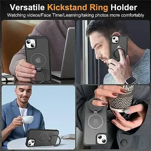 SKYLMW iPhone 15 Plus uchun g'ilof, ko'rinmas magnit O-Ring stendli, harbiy darajadagi yarim shaffof g'ilof iPhone 15 Plus 6.7