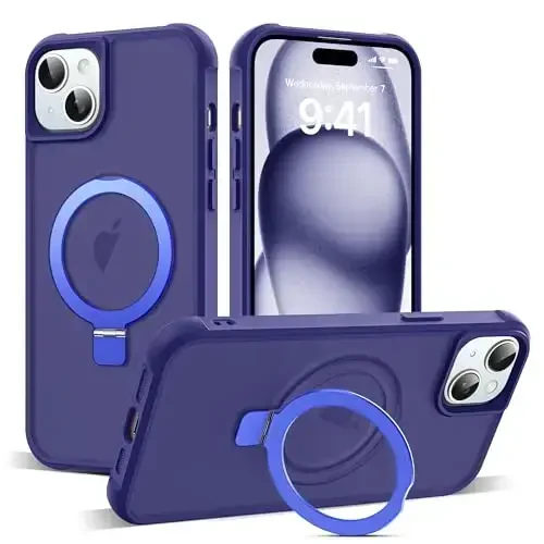 SKYLMW iPhone 15 Plus uchun g'ilof, ko'rinmas magnit O-Ring stendli, harbiy darajadagi yarim shaffof g'ilof iPhone 15 Plus 6.7