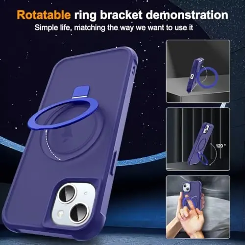 SKYLMW iPhone 15 Plus uchun g'ilof, ko'rinmas magnit O-Ring stendli, harbiy darajadagi yarim shaffof g'ilof iPhone 15 Plus 6.7