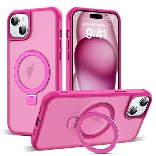 SKYLMW iPhone 15 Plus uchun g'ilof, ko'rinmas magnit O-Ring stendli, harbiy standartga mos yarim shaffof g'ilof iPhone 15 Plus 6.7