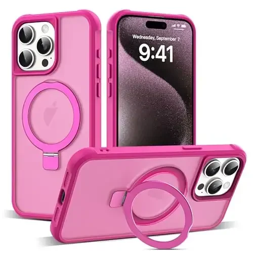 SKYLMW Compatible with iPhone 15 Pro Case with Invisible Magnetic O-Ring Stand Military-Grade Translucent Case for iPhone 15 Pro 6.1