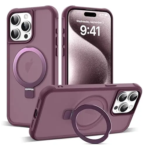 SKYLMW Compatible with iPhone 15 Pro Case with Invisible Magnetic O-Ring Stand Military-Grade Translucent Case for iPhone 15 Pro 6.1