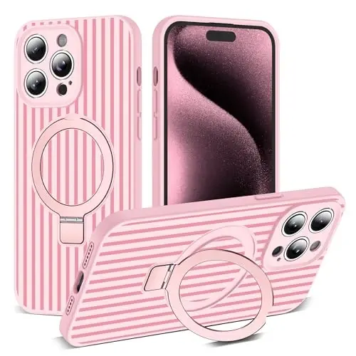 SKYLMW iPhone 15 Pro Max gʻilofiga mos keladi, magnitli koʻrinmas stendga ega [Mag-Safe bilan mos keladi] [Yoqimli estetik chiziqli naqsh] Ayollar va erkaklar uchun silikon 15 Pro Max gʻilofi 6.7
