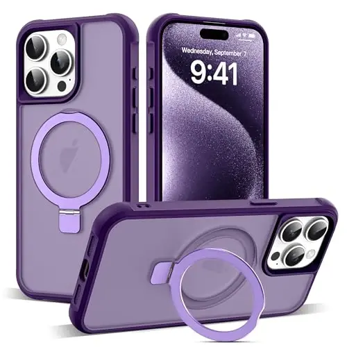 SKYLMW iPhone 15 Pro Max uchun g'ilof, ko'rinmas magnit O-Ring stendli harbiy darajadagi yarim shaffof g'ilof iPhone 15 ProMax 6.7