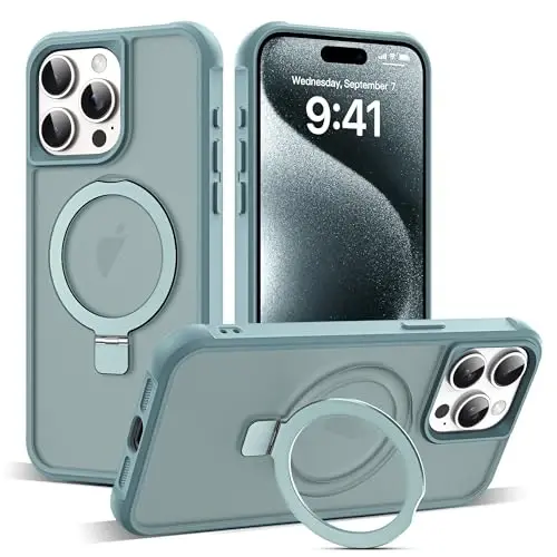SKYLMW iPhone 15 Pro Max uchun g'ilof, ko'rinmas magnit O-Ring stendli harbiy darajadagi yarim shaffof g'ilof iPhone 15 ProMax 6.7