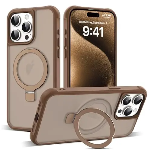 SKYLMW iPhone 15 Pro Max uchun g'ilof, ko'rinmas magnit O-Ring stendli harbiy standartdagi yarim shaffof g'ilof iPhone 15 ProMax 6.7