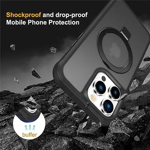 SKYLMW iPhone 15 Pro Max uchun ko'rinmas magnit O-Ring stendiga ega g'ilof, harbiy darajadagi yarim shaffof g'ilof iPhone 15 ProMax 6.7