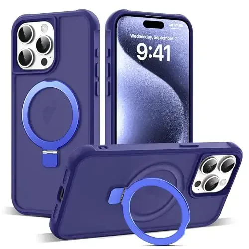 SKYLMW iPhone 15 Pro uchun g'ilof, ko'rinmas magnit O-Ring stend bilan, harbiy darajadagi yarim shaffof g'ilof iPhone 15 Pro 6.1