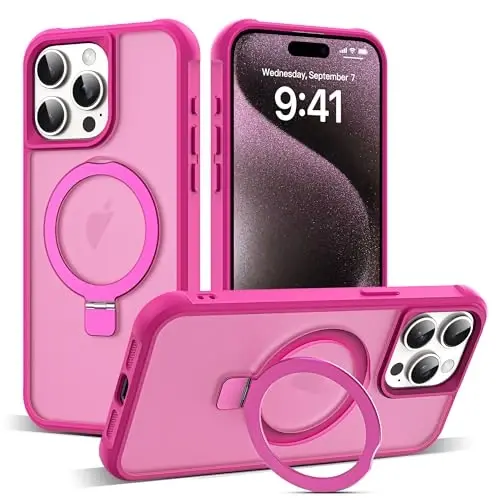 SKYLMW iPhone 15 Pro uchun g'ilof, ko'rinmas magnit O-Ring stendli, harbiy standartdagi yarim shaffof g'ilof iPhone 15 Pro 6.1