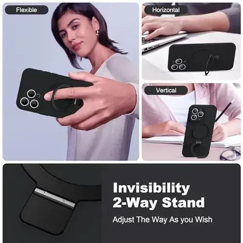 SKYLMW iPhone 15 Pro uchun mo'ljallangan g'ilof, magnitli ko'rinmas stend bilan, Mag-Safe bilan mos, harbiy sinovdan o'tgan zarbga chidamli silikon telefon g'iloflari ayollar va erkaklar uchun 6.1'', qora - SKYLMW (1)