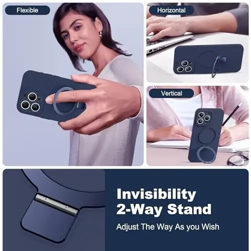 SKYLMW iPhone 15 Pro uchun mo'ljallangan magnitli ko'rinmas stendli g'ilof Mag-Safe bilan mos keladi Harbiy tomchiga chidamli zarbaga chidamli silikon telefon g'iloflari ayollar erkaklar uchun 6.1'', To'q ko'k - 2