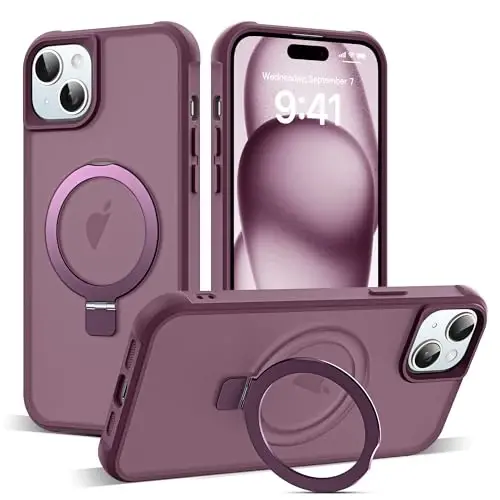 SKYLMW iPhone 15 uchun g'ilof, ko'rinmas magnit O-Ring stend bilan, harbiy darajadagi yarim shaffof g'ilof iPhone 15 6.1