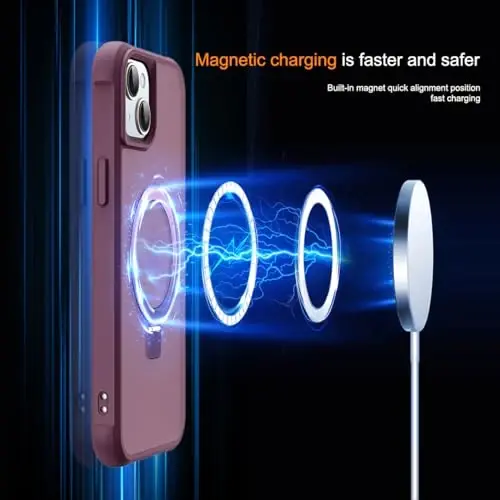SKYLMW iPhone 15 uchun g'ilof, ko'rinmas magnit O-Ring stend bilan, harbiy darajadagi yarim shaffof g'ilof iPhone 15 6.1