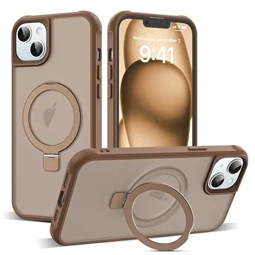 SKYLMW iPhone 15 uchun g'ilof, ko'rinmas magnit O-Ring stendli, harbiy darajadagi yarim shaffof g'ilof iPhone 15 6.1