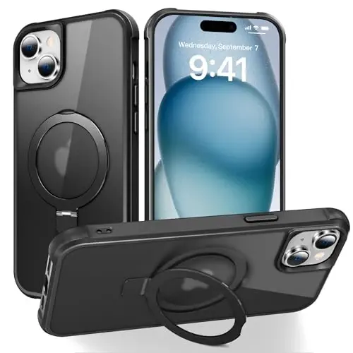 SKYLMW iPhone 15 uchun g‘ilof, ko‘rinmas magnit O-ringli stend bilan mos keladi, harbiy standartdagi yarim shaffof g‘ilof iPhone 15 6.1