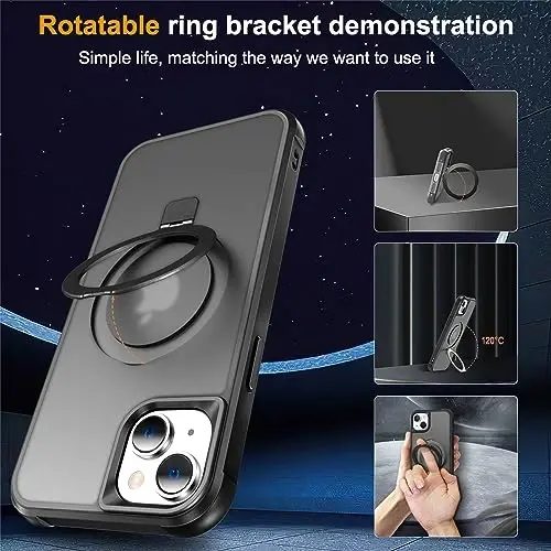 SKYLMW iPhone 15 uchun g‘ilof, ko‘rinmas magnit O-ringli stend bilan mos keladi, harbiy standartdagi yarim shaffof g‘ilof iPhone 15 6.1