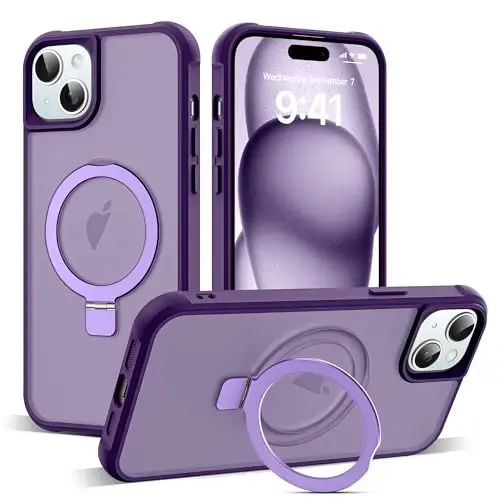 SKYLMW iPhone 15 uchun g‘ilof, ko‘rinmas magnitli O-Ring stendli, harbiy standartdagi yarim shaffof g‘ilof, iPhone 15 6.1
