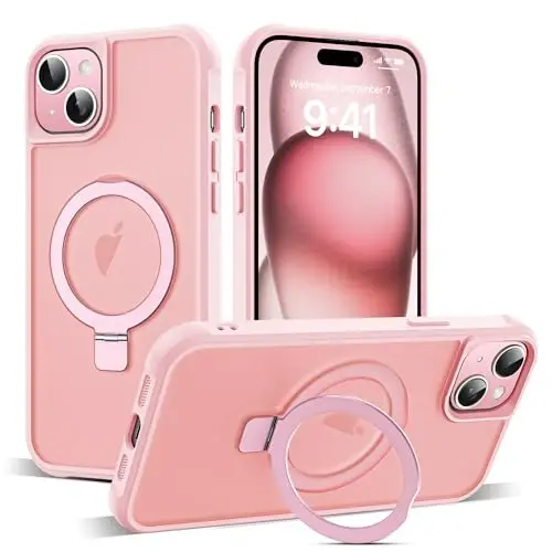 SKYLMW iPhone 15 uchun g'ilof, ko'rinmas magnitli O-Ring stendli, harbiy standartga javob beruvchi yarim shaffof g'ilof iPhone 15 6.1