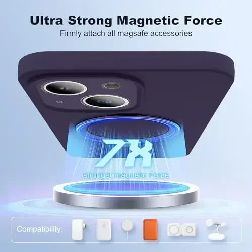 SKYLMW iPhone 15 uchun magnitli ko'rinmas stendga ega, Mag-Safe bilan mos, harbiy standartlarda tushishga chidamli, zarbaga bardoshli silikon telefon g'ilofi, ayollar va erkaklar uchun 6.1'', binafsha - 3