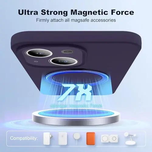 SKYLMW iPhone 15 uchun magnitli ko'rinmas stendga ega, Mag-Safe bilan mos, harbiy standartlarda tushishga chidamli, zarbaga bardoshli silikon telefon g'ilofi, ayollar va erkaklar uchun 6.1'', binafsha - 3