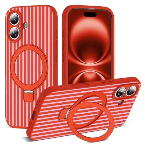 SKYLMW Compatible with iPhone 16 Case with Magnetic Invisible Stand [Compatible with Mag-Safe][Cute Aesthetic Striped Pattern] Silicone 16 Phone Case for Women Men 6.1