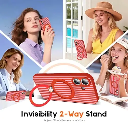 SKYLMW Compatible with iPhone 16 Case with Magnetic Invisible Stand [Compatible with Mag-Safe][Cute Aesthetic Striped Pattern] Silicone 16 Phone Case for Women Men 6.1