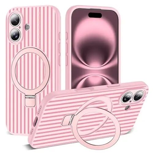 SKYLMW Compatible with iPhone 16 Case with Magnetic Invisible Stand [Compatible with Mag-Safe][Cute Aesthetic Striped Pattern] Silicone 16 Phone Case for Women Men 6.1