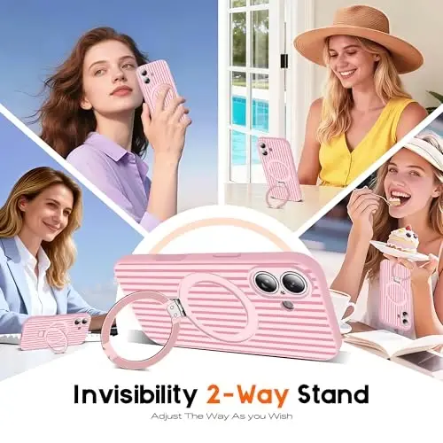 SKYLMW Compatible with iPhone 16 Case with Magnetic Invisible Stand [Compatible with Mag-Safe][Cute Aesthetic Striped Pattern] Silicone 16 Phone Case for Women Men 6.1