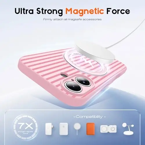 SKYLMW Compatible with iPhone 16 Case with Magnetic Invisible Stand [Compatible with Mag-Safe][Cute Aesthetic Striped Pattern] Silicone 16 Phone Case for Women Men 6.1