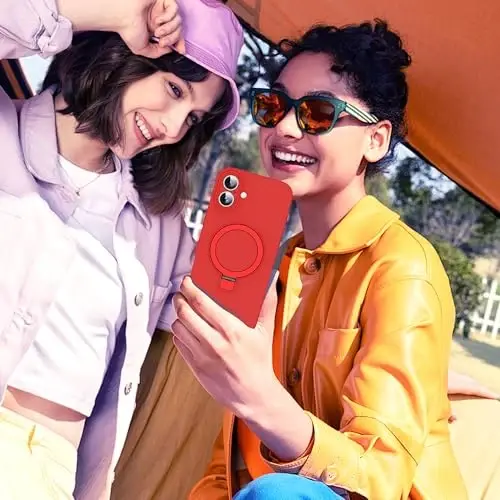 SKYLMW Designed for iPhone 16 Case with Magnetic Invisible Stand Compatible with Mag-Safe Military Drop Tested Shockproof Silicone Phone Cases for Women Men 6.1'', Red - 6