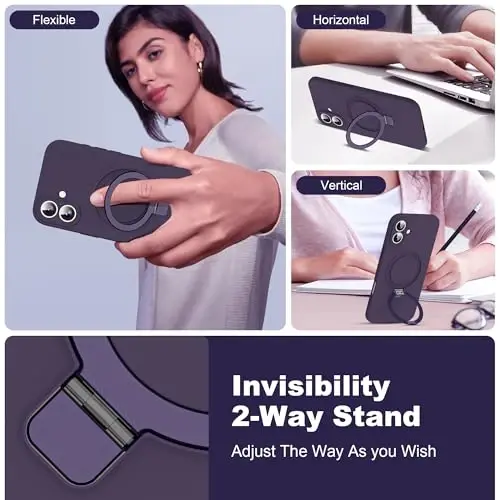 SKYLMW Designed for iPhone 16 Case with Magnetic Invisible Stand Compatible with Mag-Safe Military Drop Tested Shockproof Silicone Phone Cases for Women Men 6.1'', Purple - 2