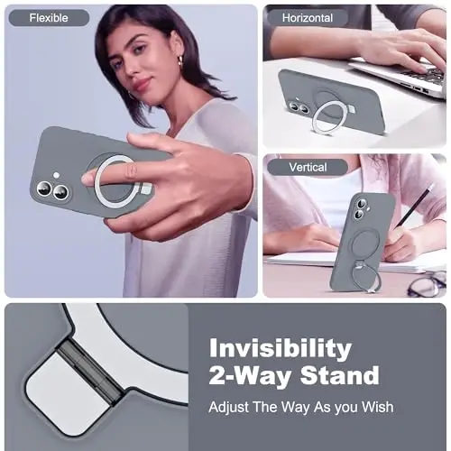 SKYLMW Designed for iPhone 16 Plus Case with Magnetic Invisible Stand Compatible with Mag-Safe Military Drop Tested Shockproof Silicone Phone Cases for Women Men 6.7'', Grey - 2