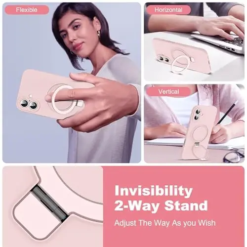 SKYLMW iPhone 16 Plus uchun magnitli ko'rinmas stendli g'ilof, Mag-Safe bilan mos, harbiy tomchiga chidamli zarbga chidamli silikon telefon g'iloflari ayollar va erkaklar uchun 6,7'', pushti - 2