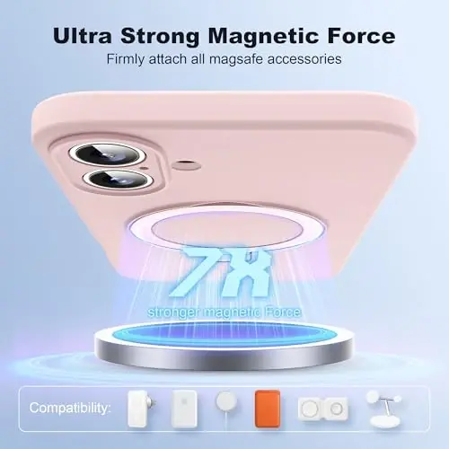 SKYLMW iPhone 16 Plus uchun magnitli ko'rinmas stendli g'ilof, Mag-Safe bilan mos, harbiy tomchiga chidamli zarbga chidamli silikon telefon g'iloflari ayollar va erkaklar uchun 6,7'', pushti - 3