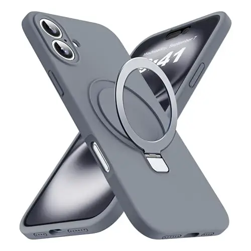 SKYLMW iPhone 16 Plus uchun mo'ljallangan g'ilof, magnitli ko'rinmas stend bilan, Mag-Safe bilan mos, harbiy standartlarga javob beradigan zarbga chidamli silikon telefon g'iloflari ayollar va erkaklar uchun 6,7 dyuym, kulrang 