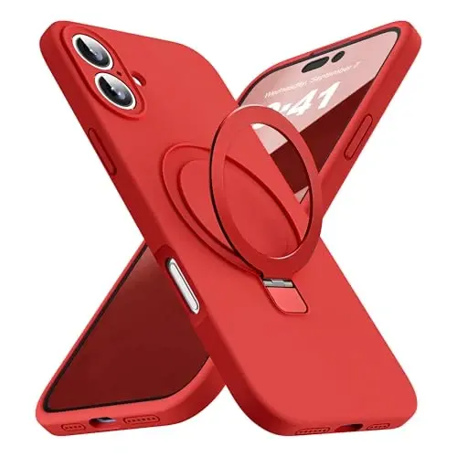 SKYLMW iPhone 16 Plus uchun mo'ljallangan, magnitli ko'rinmas stendli g'ilof, Mag-Safe bilan mos, harbiy darajada sinovdan o'tgan, zarbaga chidamli silikon, ayollar va erkaklar uchun 6.7 dyuymli telefon g'ilofi, Qizil 