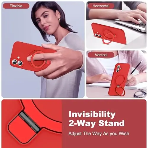 SKYLMW iPhone 16 Plus uchun mo'ljallangan, magnitli ko'rinmas stendli g'ilof, Mag-Safe bilan mos, harbiy darajada sinovdan o'tgan, zarbaga chidamli silikon, ayollar va erkaklar uchun 6.7 dyuymli telefon g'ilofi, Qizil - SKYLMW (1)