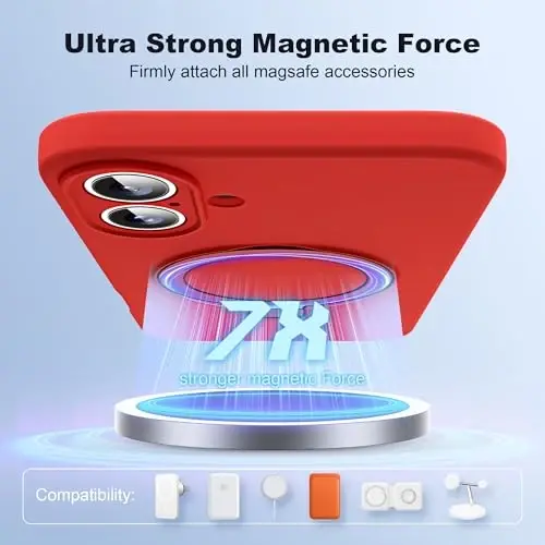 SKYLMW iPhone 16 Plus uchun mo'ljallangan, magnitli ko'rinmas stendli g'ilof, Mag-Safe bilan mos, harbiy darajada sinovdan o'tgan, zarbaga chidamli silikon, ayollar va erkaklar uchun 6.7 dyuymli telefon g'ilofi, Qizil - 3