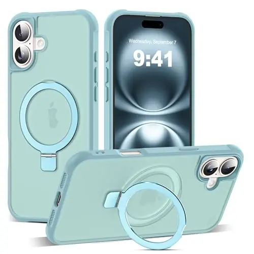 SKYLMW iPhone 16 Plus uchun mos keladigan ko'rinmas magnit O-Ring stendli harbiy darajadagi yarim shaffof g'ilof iPhone 16 Plus 6.7
