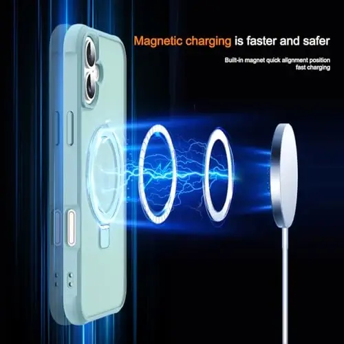 SKYLMW iPhone 16 Plus uchun mos keladigan ko'rinmas magnit O-Ring stendli harbiy darajadagi yarim shaffof g'ilof iPhone 16 Plus 6.7